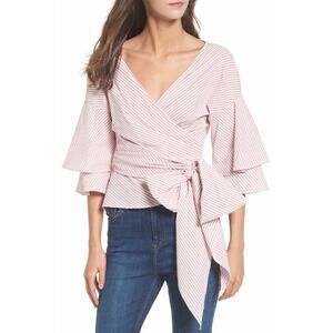WAYF Pink/White Beckett Tiered Bell Sleeve Cropped Wrap Top Womens Small V-Neck